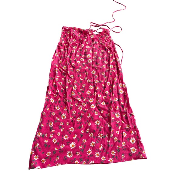 stradivarius Dresses & Skirts - Stradivarius Pink Daisy Floral Midi Skirt Side Slit Lace Up Back Size US 2